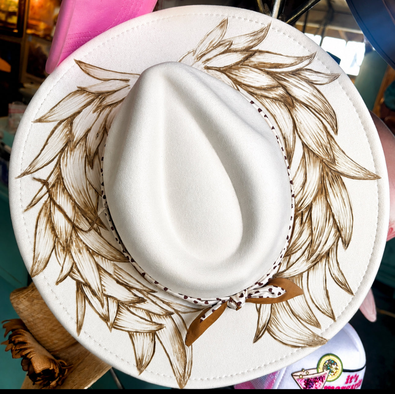 Hand Burned Angel Wings Faux Suede Hat