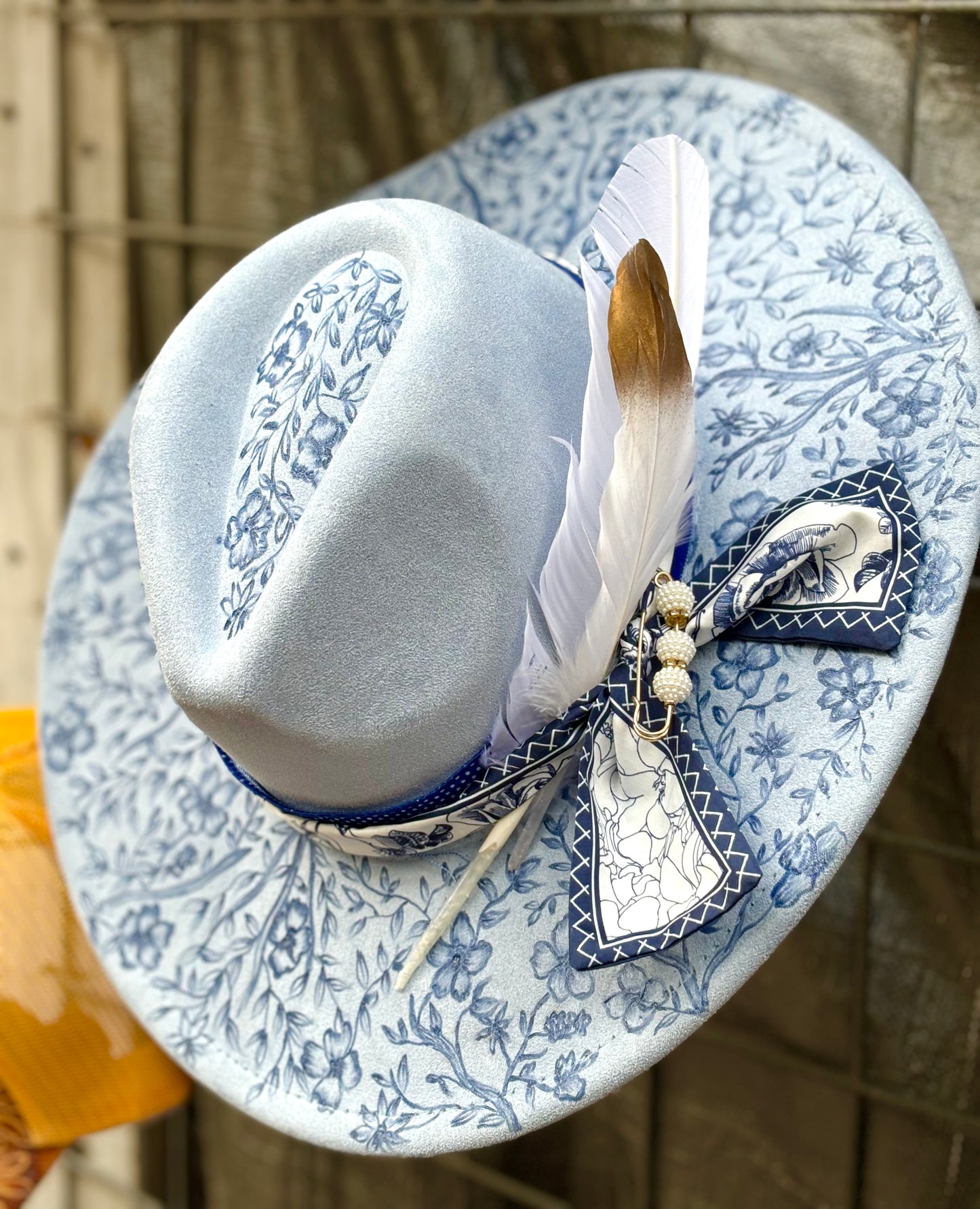 Hand Burned Blue Floral Toile Western Hat | Wide Brim Statement Hat