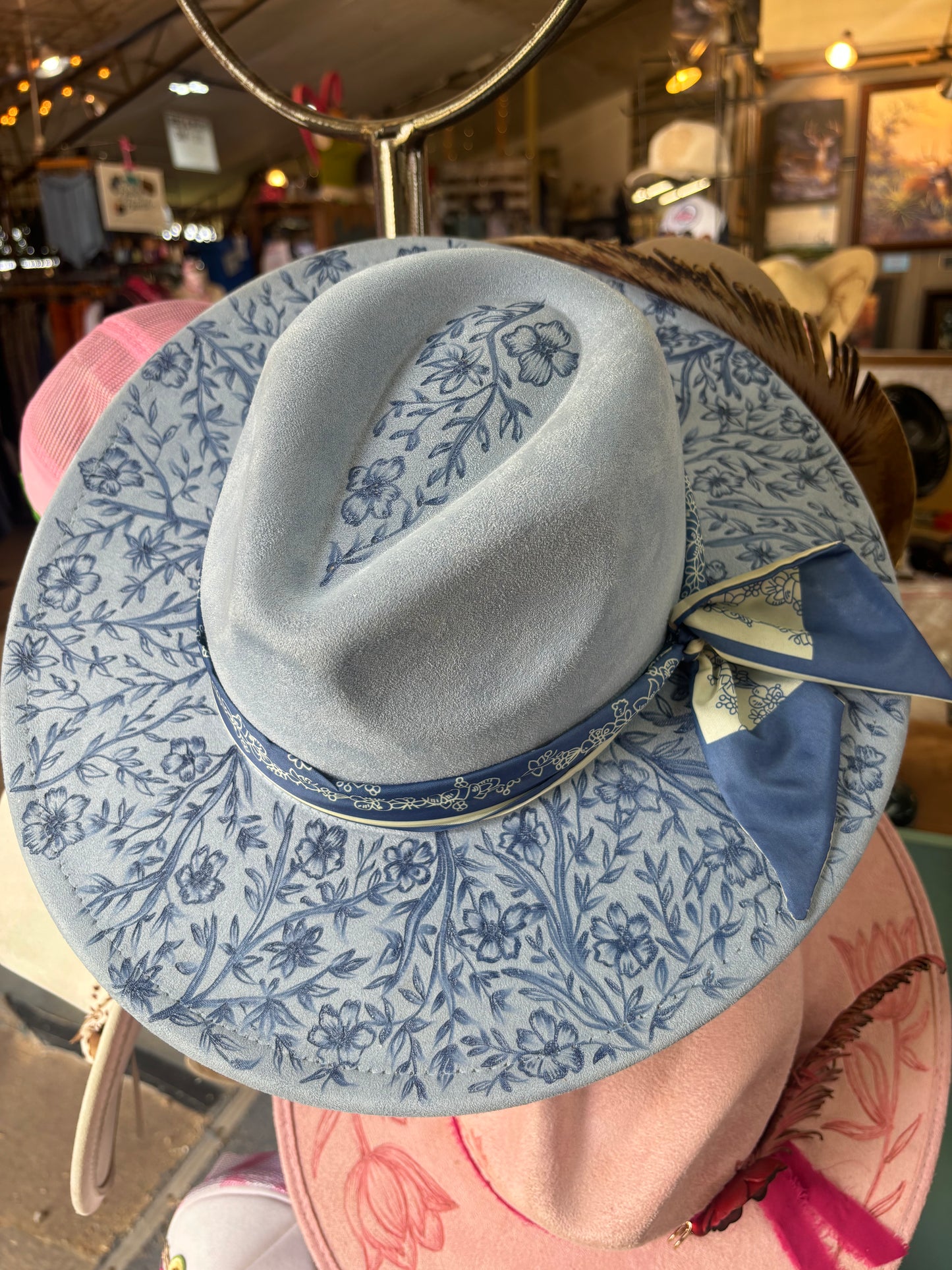Hand Burned Blue Floral Toile Western Hat | Wide Brim Statement Hat
