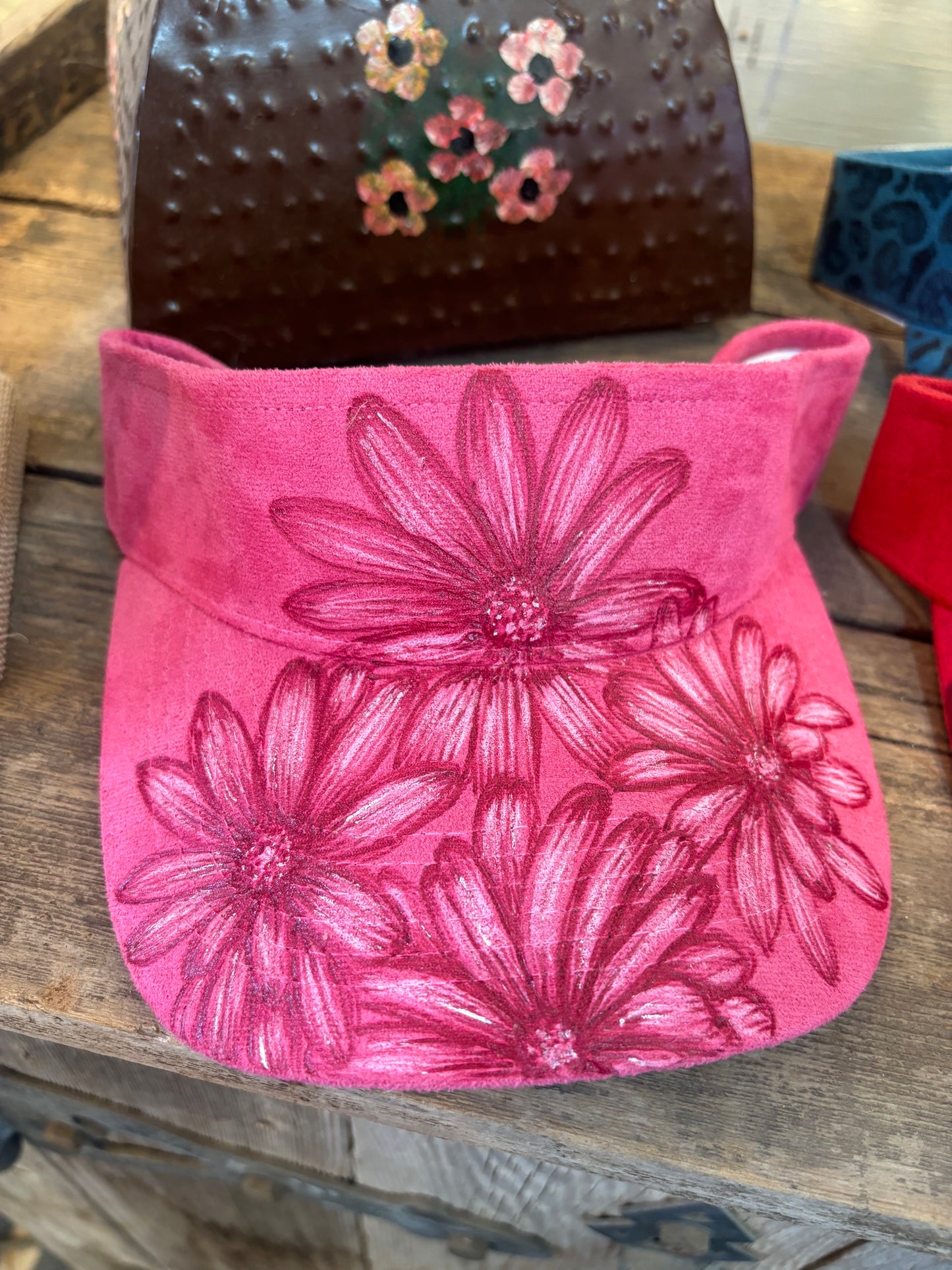 Hand Burned Faux Suede Daisy Visor