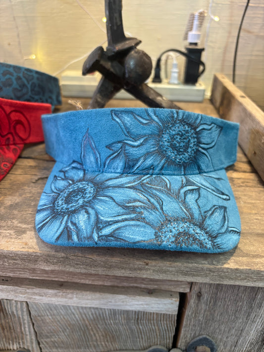 Hand Burned Faux Suede Sunflower Visor