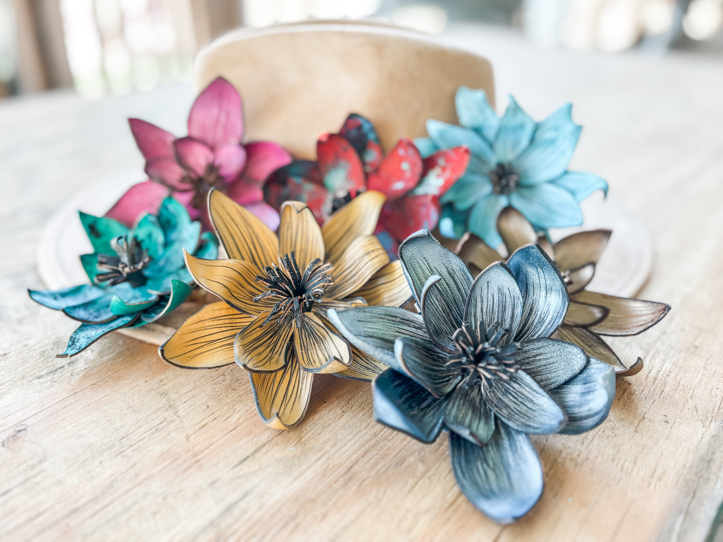 Leather Flower Hat Clips