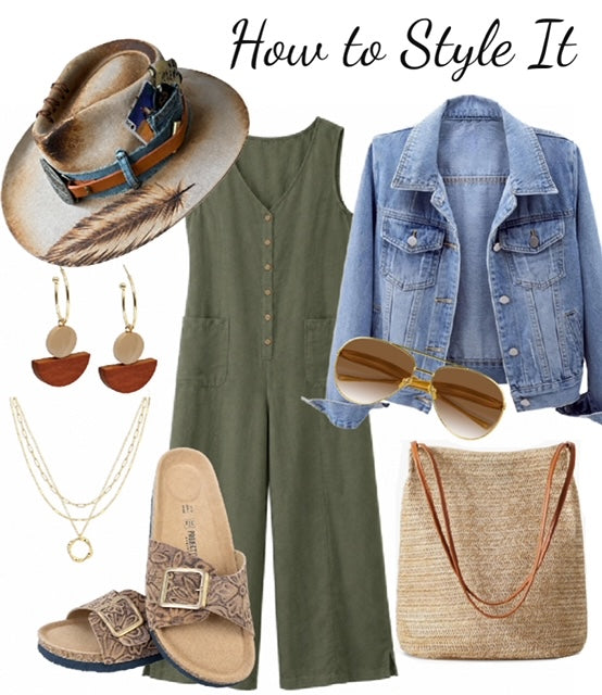 Fashion collage with green dress, denim jacket, hat, sandals, and accessories with text 'How to Style It'.