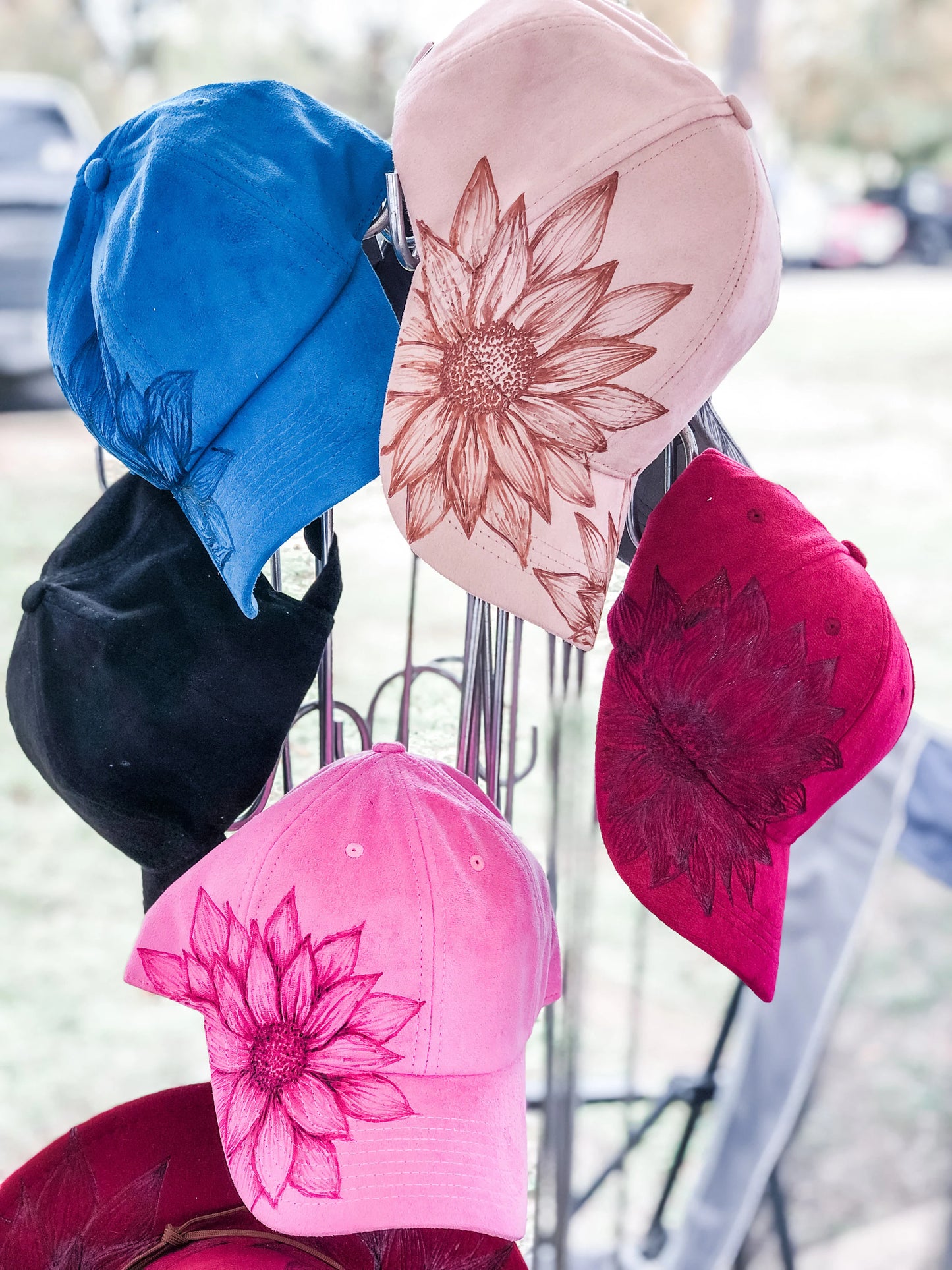 Hand Burned Faux Suede Sunflower Baseball Cap