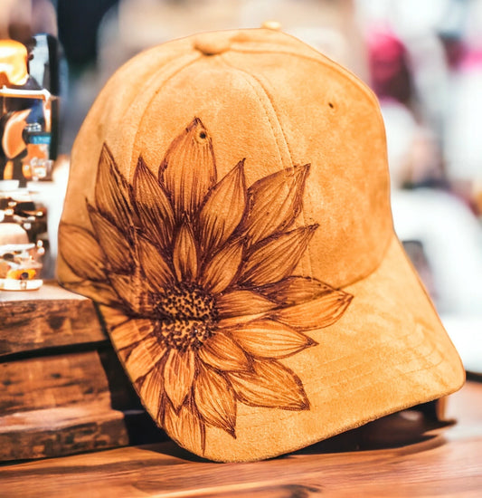 Hand Burned Faux Suede Sunflower Baseball Cap