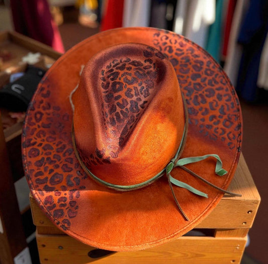 Hand Burned Leopard Print Orange Hat
