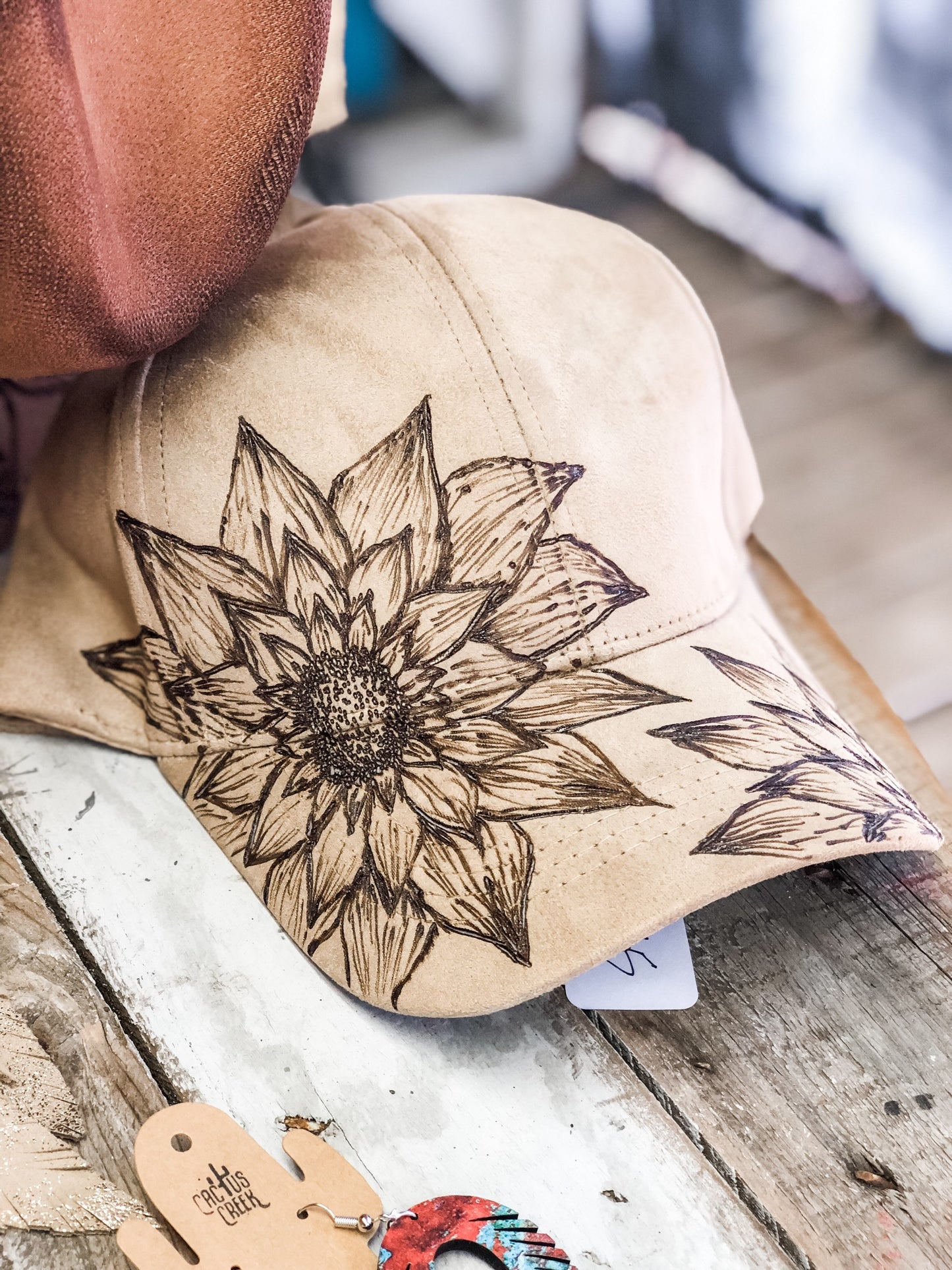 Hand Burned Faux Suede Sunflower Baseball Cap