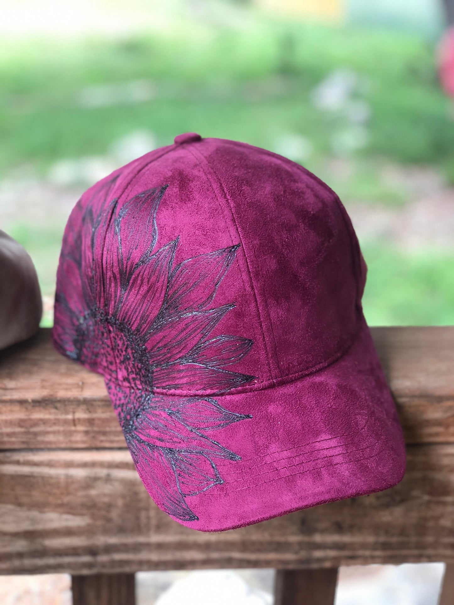 Hand Burned Faux Suede Sunflower Baseball Cap